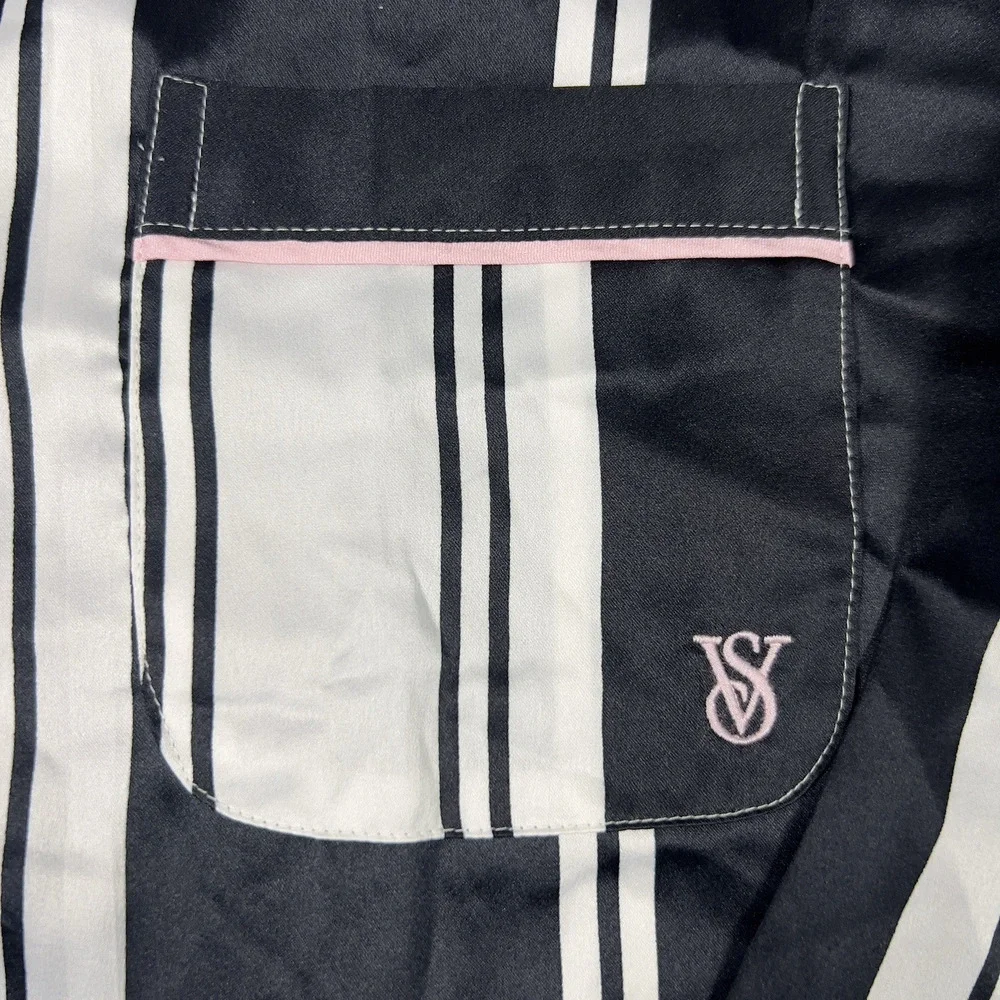 Victoria’s Secret Satin Pajama Sleep Shirt‎ Button Down Black White Stripe S.XXL